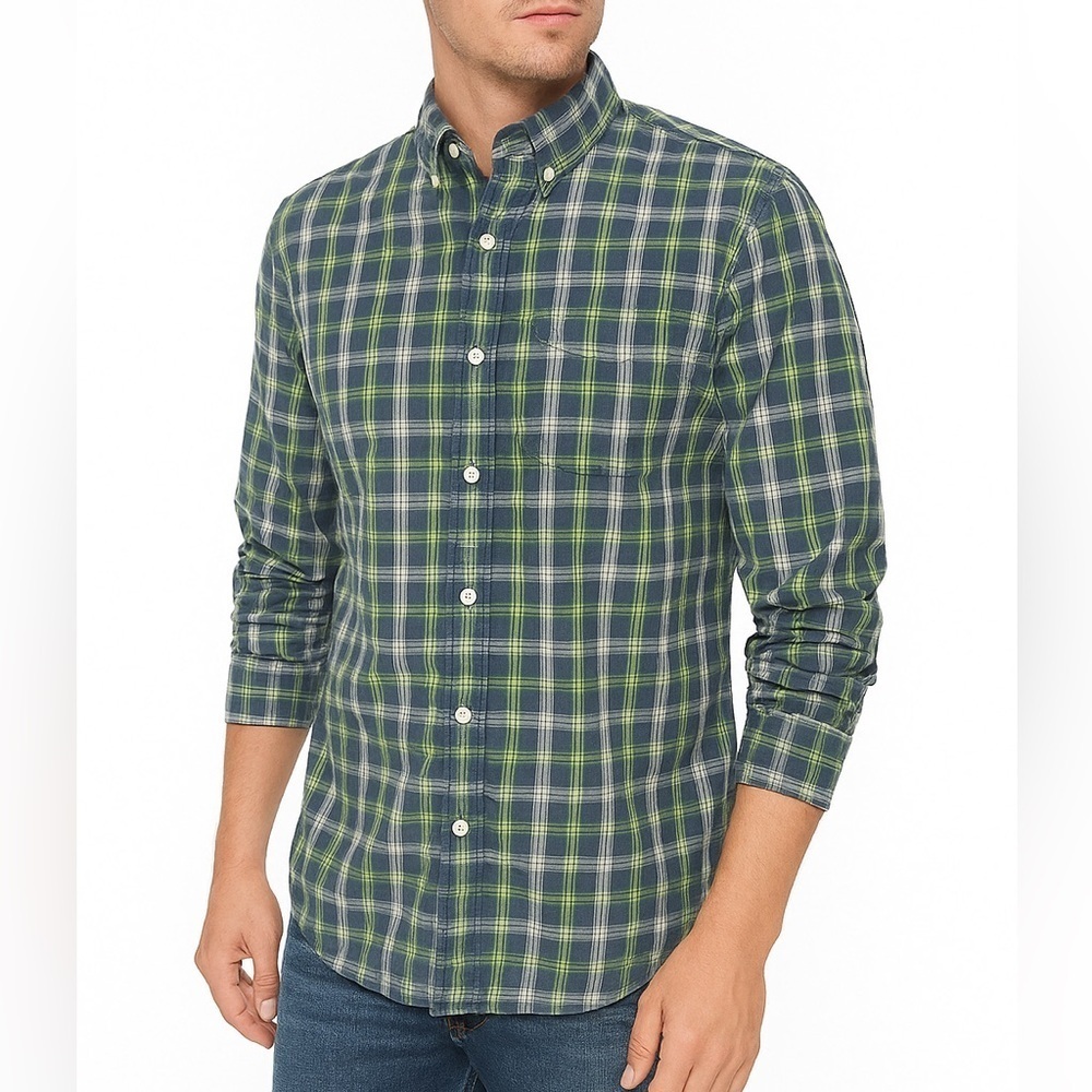 Abercrombie & Fitch Men's Blue and Green Plaid Shirt A&F